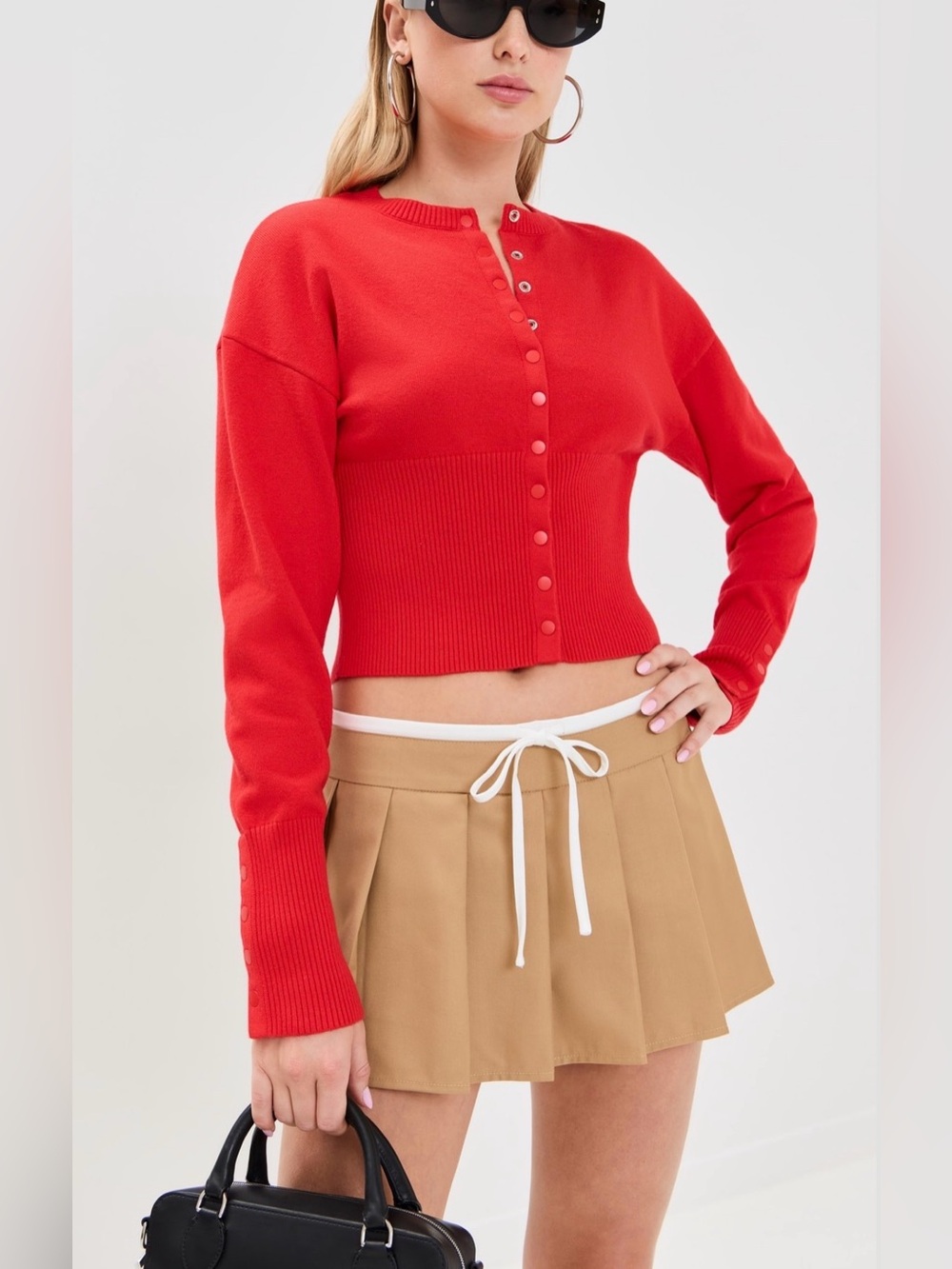 Lioness Head In The Clouds Red Cardigan Button-Up Ribbed Waist Sz S